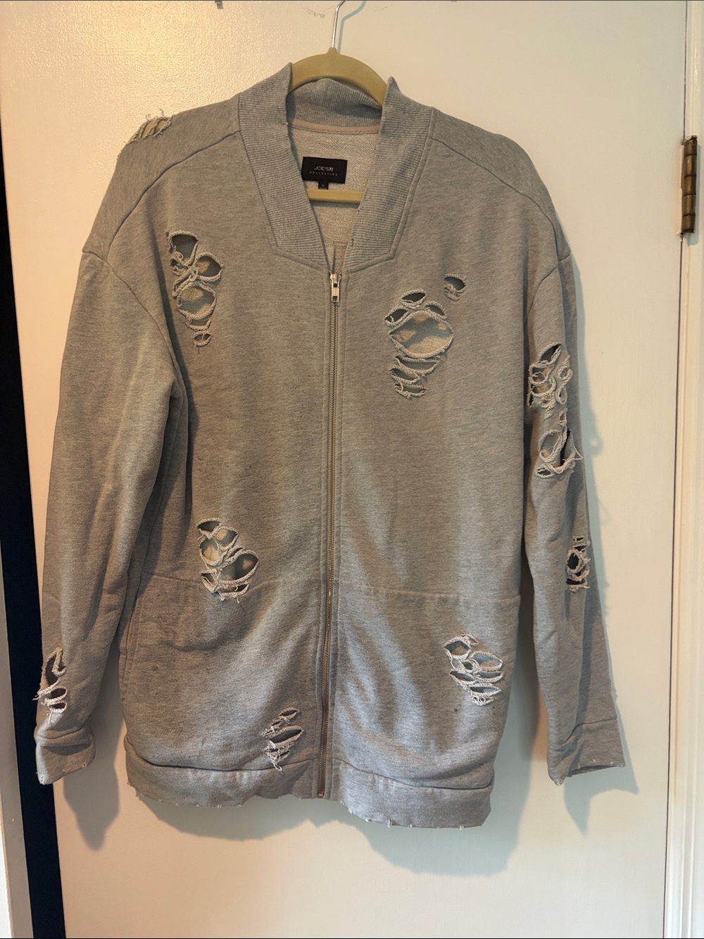 Joey Light Grey Distressed Zip-Up Bomber